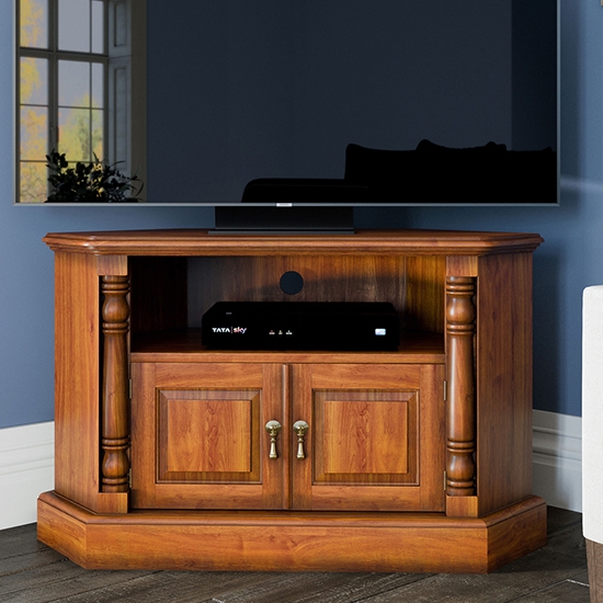 La Reine Corner Wooden 2 Doors Tv Stand In Distressed Light Brown