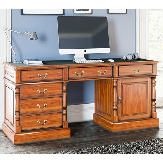 La Reine Wooden Twin Pedestal Computer Desk In Distressed Light Brown