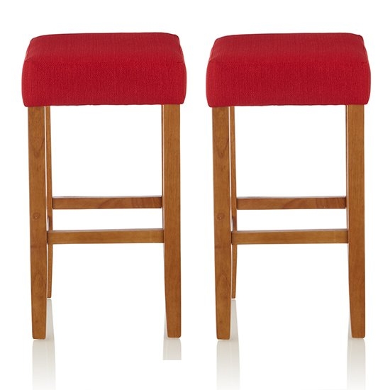 Lantana Red Fabric Upholstered Bar Stools With Oak Legs In Pair