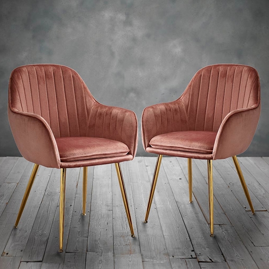 Lara Dusky Pink Velvet Dining Chairs In Pair With Gold Legs
