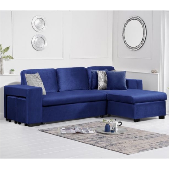 Lara Velvet Upholstered Reversible Chaise Sofa Bed In Blue