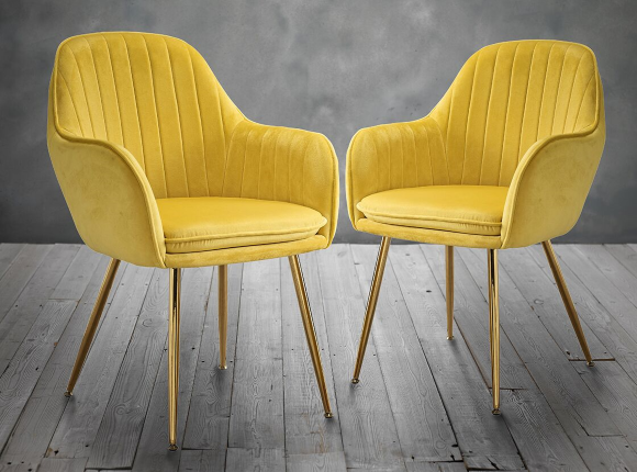 Lara Yellow Velvet Dining Chairs In Pair With Gold Legs