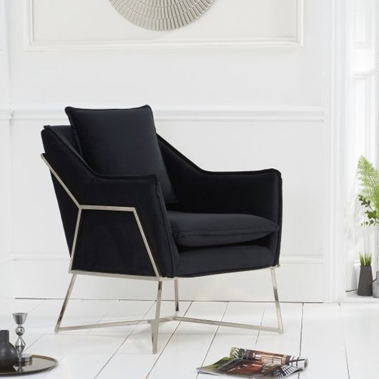 Larna Black Velvet Accent Chair With Chrome Metal Legs