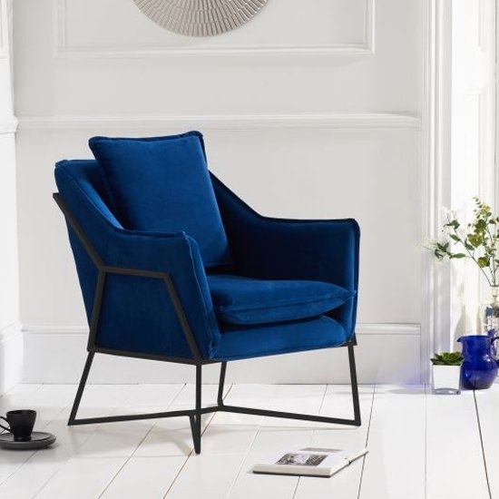 Larna Blue Velvet Accent Chair With Black Metal Legs