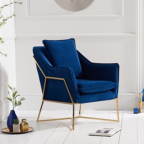 Larna Blue Velvet Bedroom Chair With Gold Metal Legs