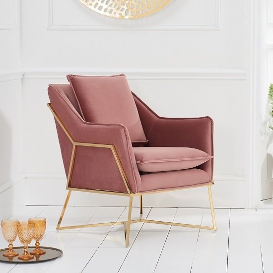 Larna Blush Velvet Bedroom Chair With Gold Metal Legs