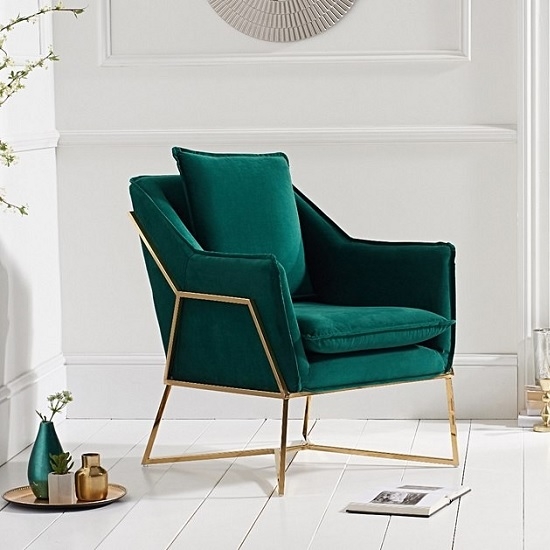 Larna Green Velvet Bedroom Chair With Gold Metal Legs