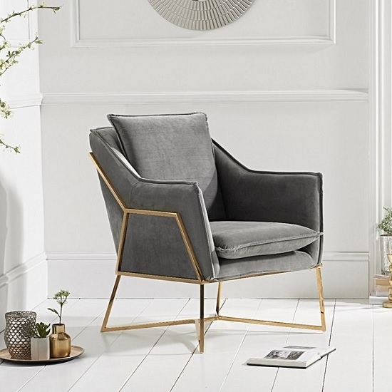 Larna Grey Velvet Bedroom Chair With Gold Metal Legs