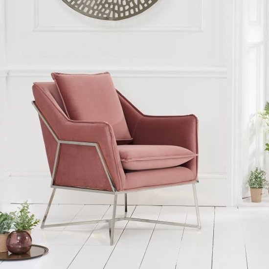 Larna Velvet Upholstered Accent Chair In Blush With Chrome Legs