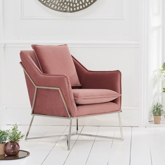 Larna Velvet Upholstered Accent Chair In Blush With Chrome Legs