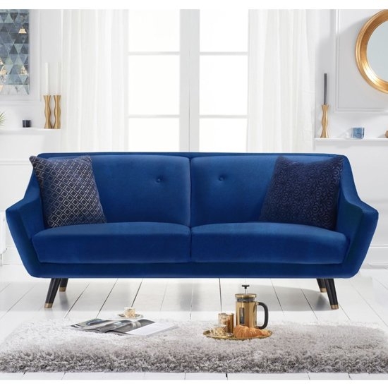 Laura Velvet Upholstered 3 Seater Sofa In Blue