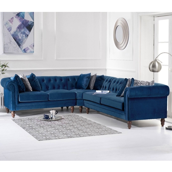 Lauren Medium Velvet Upholstered Corner Sofa In Blue