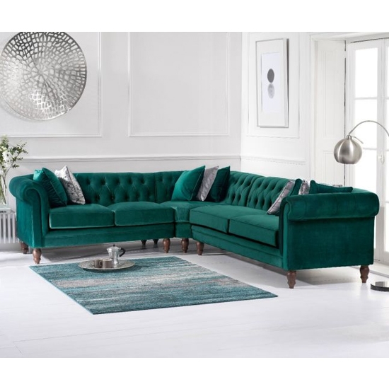 Lauren Medium Velvet Upholstered Corner Sofa In Green