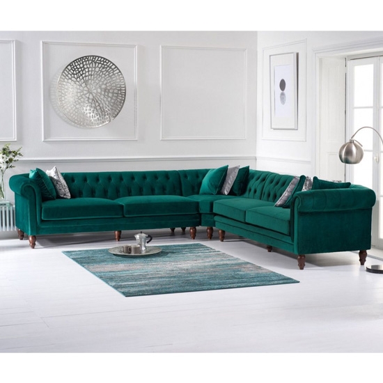 Lauren Velvet Upholstered Corner Sofa In Green