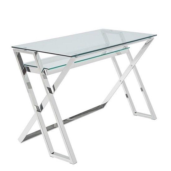 Levi Clear Glass Computer Desk In Silver Strainlees Steel Frame