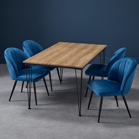 Liberty Large Wooden Dining Table In Oak With 4 Orla Blue Chairs