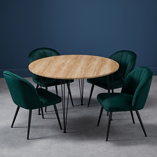 Liberty Round Wooden Dining Table In Oak With 4 Orla Green Chairs