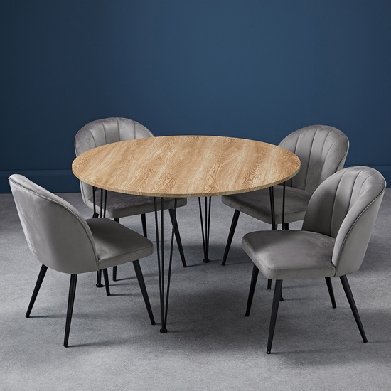 Liberty Round Wooden Dining Table In Oak With 4 Orla Grey Chairs