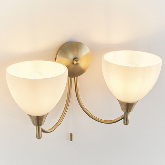 Lightson Matt Opal Glass Shade 2 Lights Wall Light In Antique Brass