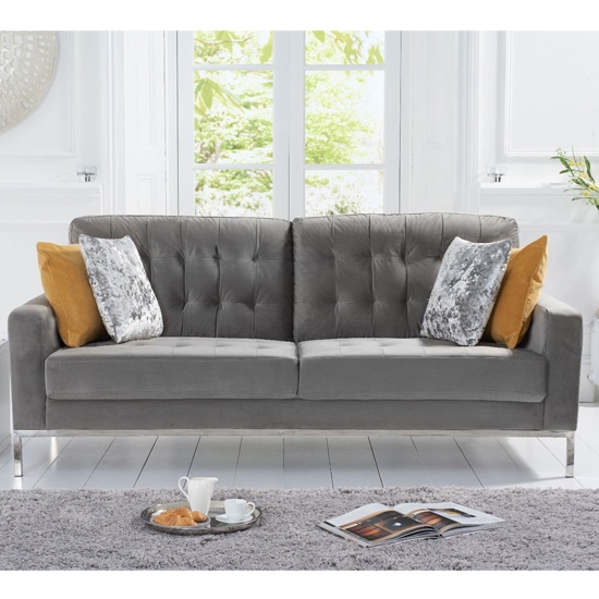 Lillian Velvet Upholstered 3 Seater Sofa In Grey