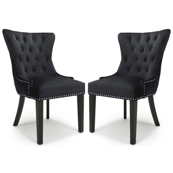 Lionhead Ring Back Black Brushed Velvet Dining Chairs With Black Legs In Pair