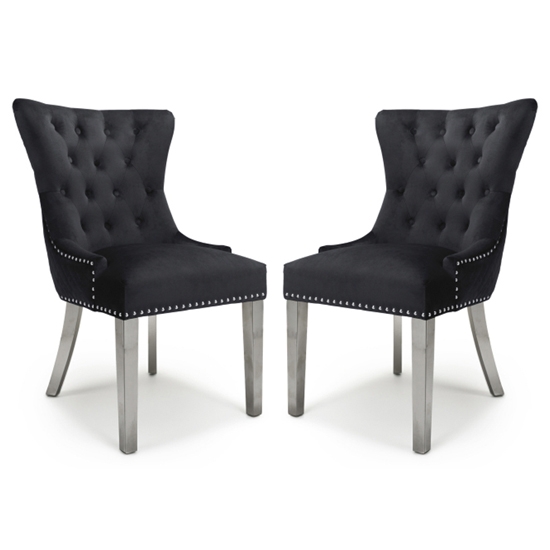 Lionhead Ring Back Black Brushed Velvet Dining Chairs With Silver Legs In Pair