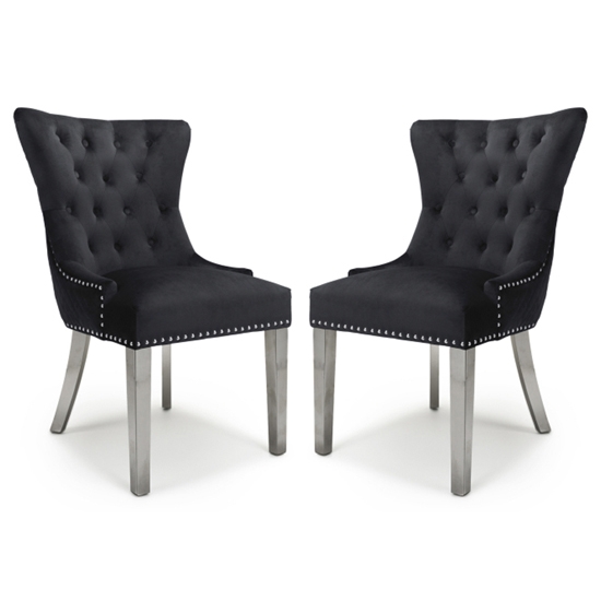 Lionhead Ring Back Black Brushed Velvet Dining Chairs With Silver Legs In Pair