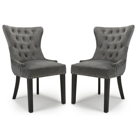 Lionhead Ring Back Grey Brushed Velvet Dining Chairs With Black Legs In Pair