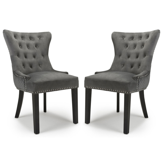 Lionhead Ring Back Grey Brushed Velvet Dining Chairs With Black Legs In Pair