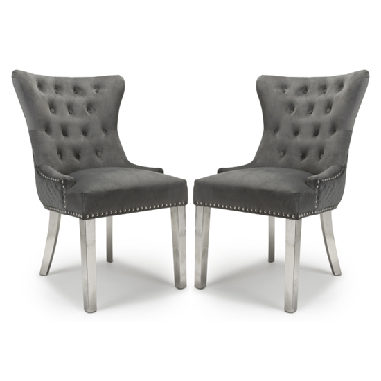 Lionhead Ring Back Grey Brushed Velvet Dining Chairs With Silver Legs In Pair