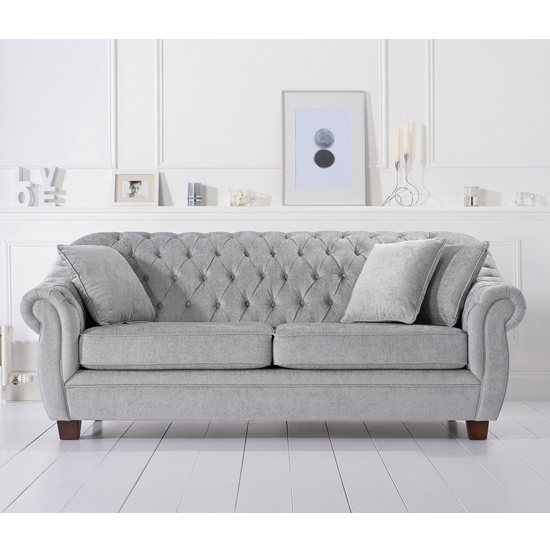 Liv Chesterfield Plush Fabric Upholstered 3 Seater Sofa In Grey