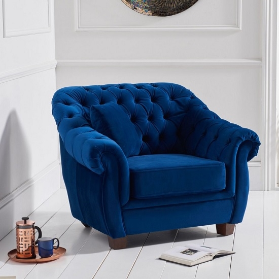Liv Chesterfield Plush Fabric Upholstered Armchair In Blue