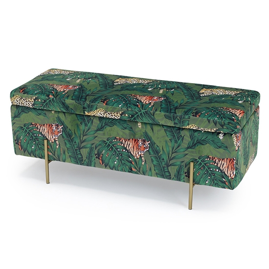 Lola Velvet Upholstered Storage Ottoman In Jungle Print
