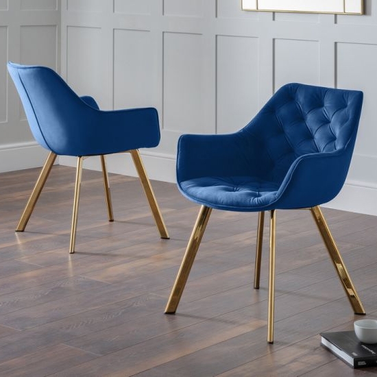 Lorenzo Blue Velvet Upholstered Dining Chairs In Pair With Gold Legs
