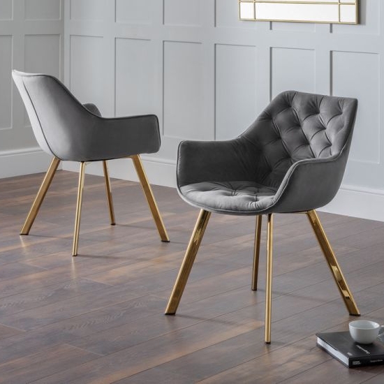 Lorenzo Grey Velvet Upholstered Dining Chairs In Pair With Gold Legs