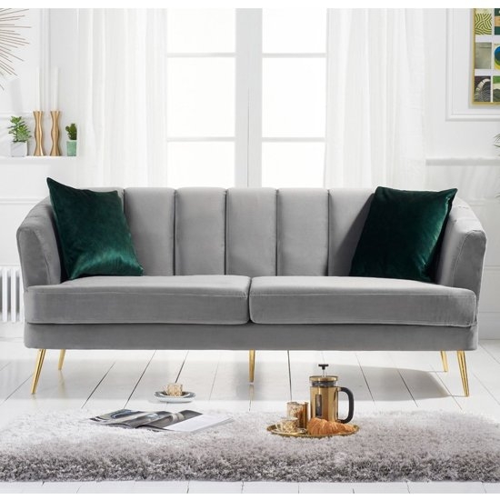 Lucinda Velvet Upholstered 3 Seater Sofa In Grey