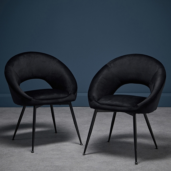 Lulu Black Velvet Upholstered Dining Chairs With Black Legs In Pair