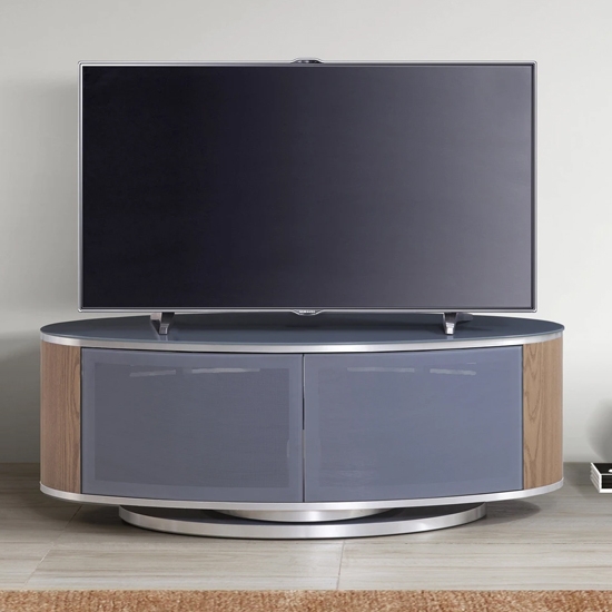 Luna Wooden Tv Stand In Grey High Gloss And Oak With Push Release Doors