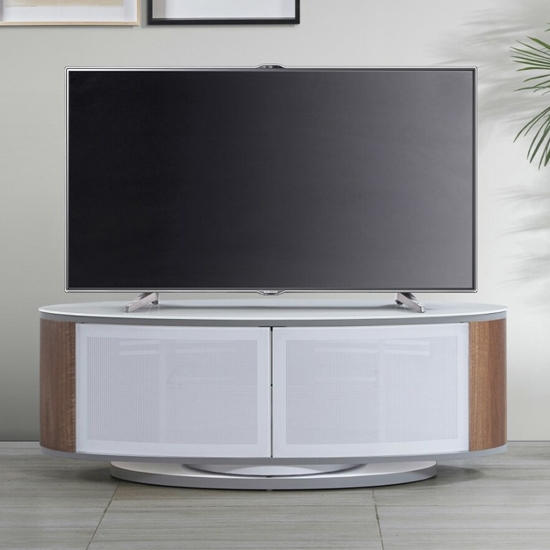 Luna Wooden Tv Stand In White High Gloss And Walnut With Push Release Doors