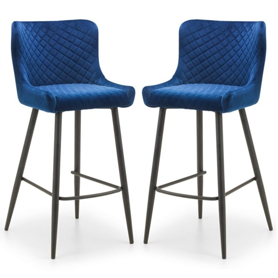 Luxe Blue Velvet Upholstered Bar Stools In Pair