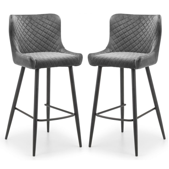 Luxe Grey Velvet Upholstered Bar Stools In Pair