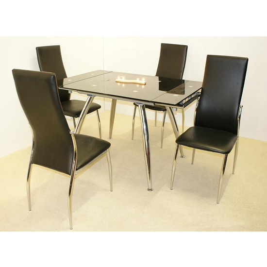 Magna Extending Black Glass Dining Set With 4 Lazio Chairs