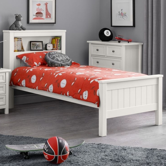 Maine Wooden Single Bed With Bookcase In Surf White