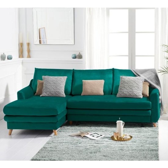 Mante Velvet Upholstered Left Hand Facing Corner Sofa Bed In Green