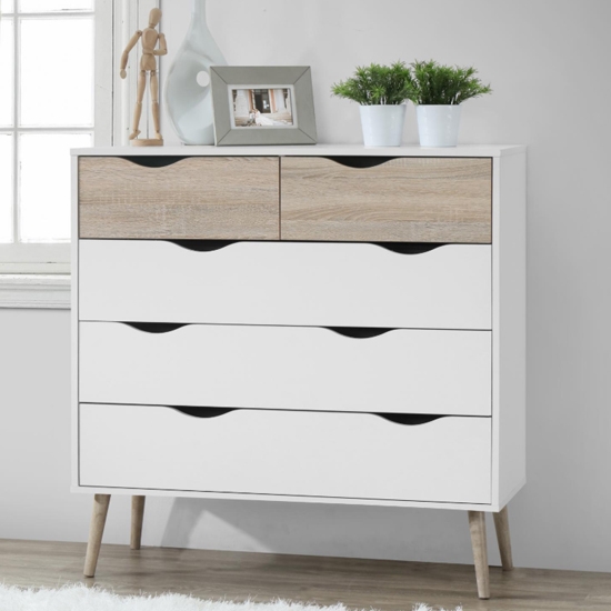 Mapleton Wooden Chest Of Drawers In White And Oak With 5 Drawers