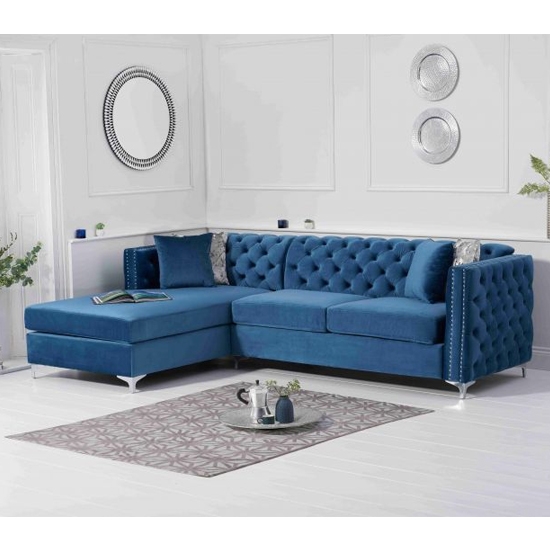 Maxim Left Handed Velvet Upholstered Chaise Sofa In Blue