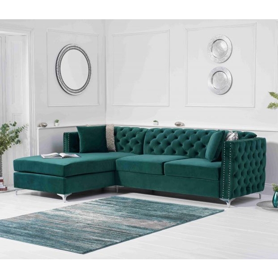 Maxim Left Handed Velvet Upholstered Chaise Sofa In Green