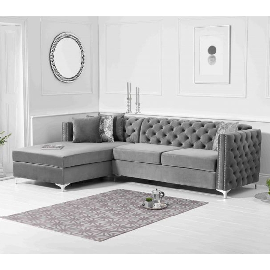 Maxim Left Handed Velvet Upholstered Chaise Sofa In Grey