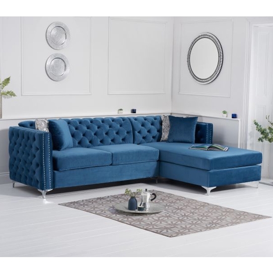 Maxim Right Handed Velvet Upholstered Chaise Sofa In Blue