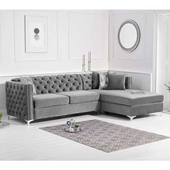 Maxim Right Handed Velvet Upholstered Chaise Sofa In Grey